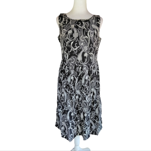 Talbot's Black & Cream Paisley Print Cotton Silk Fit & Flare Dress Size 4 - Picture 1 of 8